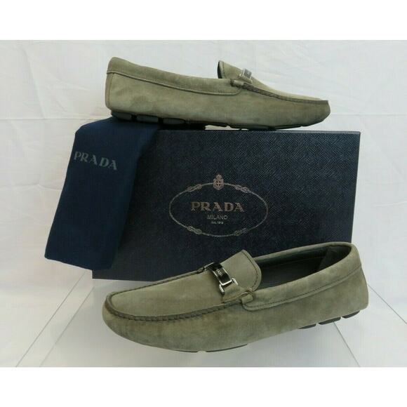PRADA 2DD159 KHAKI FUMO SUEDE LOGO DRIVING MOCCASINS LOAFERS 8 / US 9 ITALY - Picture 9 of 12